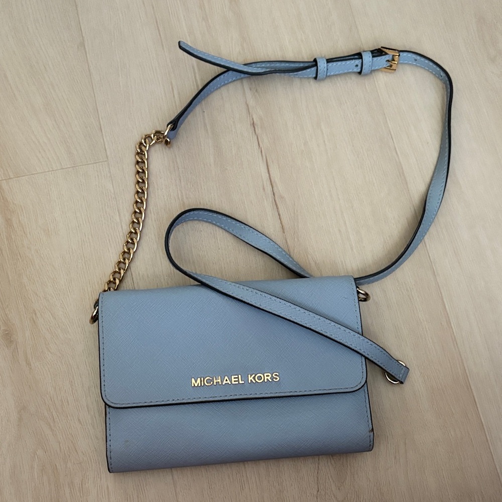 Michael Kors Light Blue Crossbody Bag with Gold Accents
